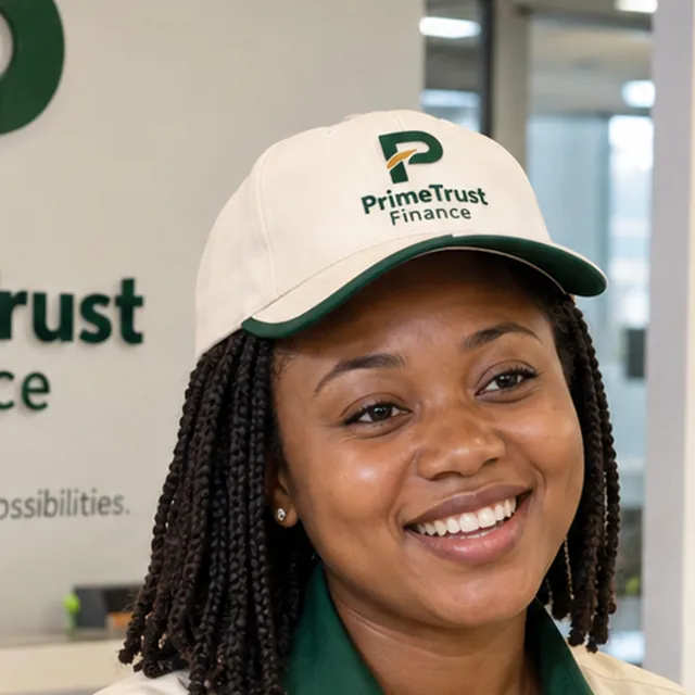 Woman wearing a cream cap with a green brim trim and a company logo