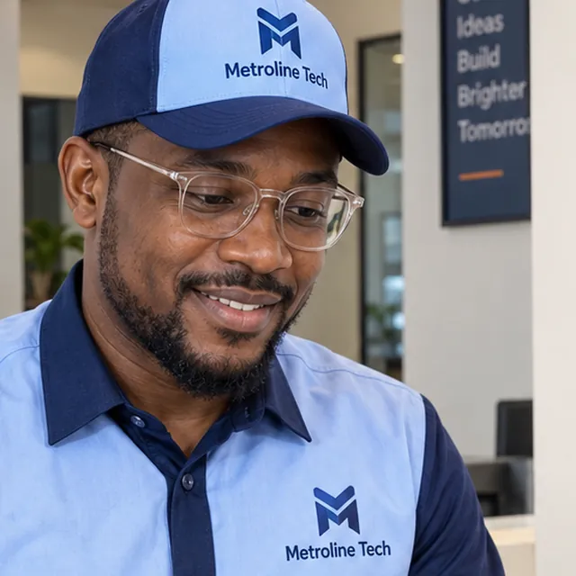Man wearing a two-tone navy and sky blue cap with a company logo